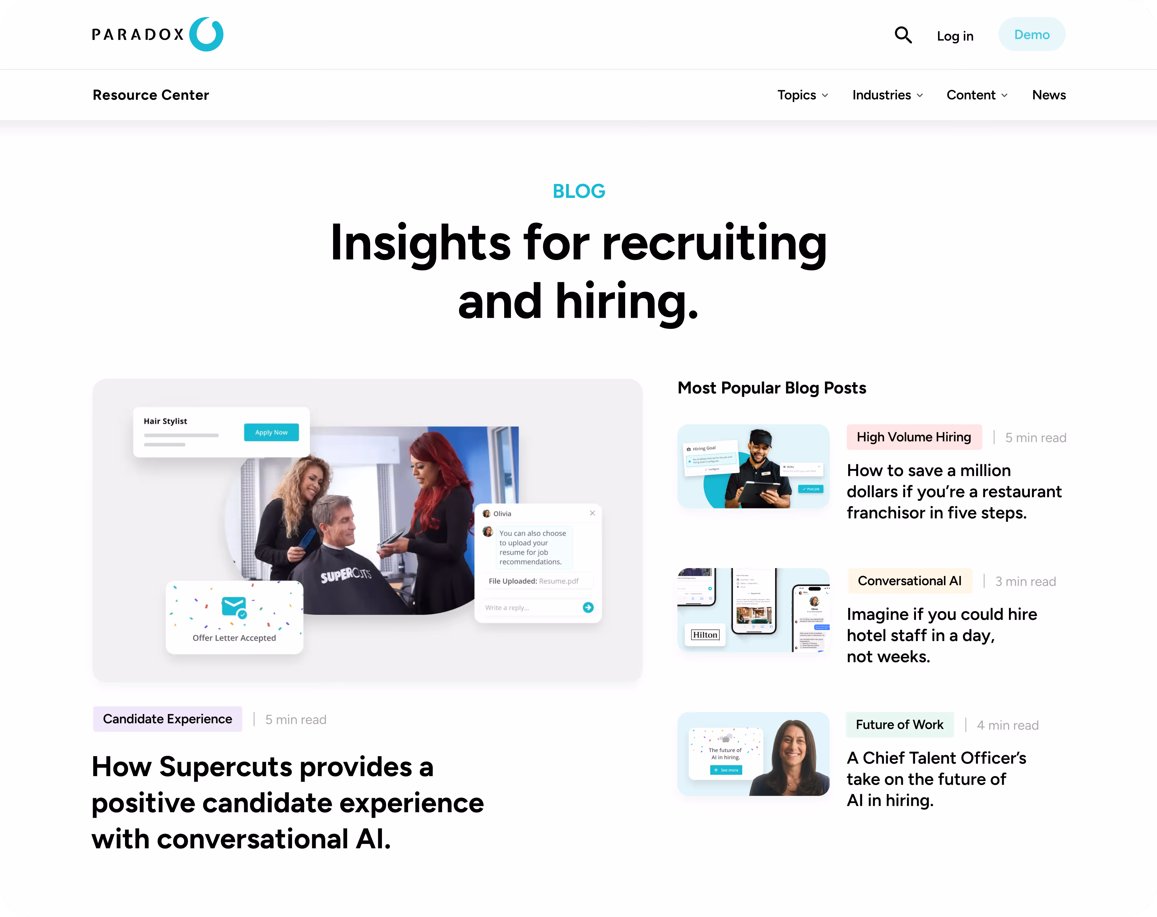 A Paradox resource centre page headlined "Insights for recruiting and hiring." with article cards.