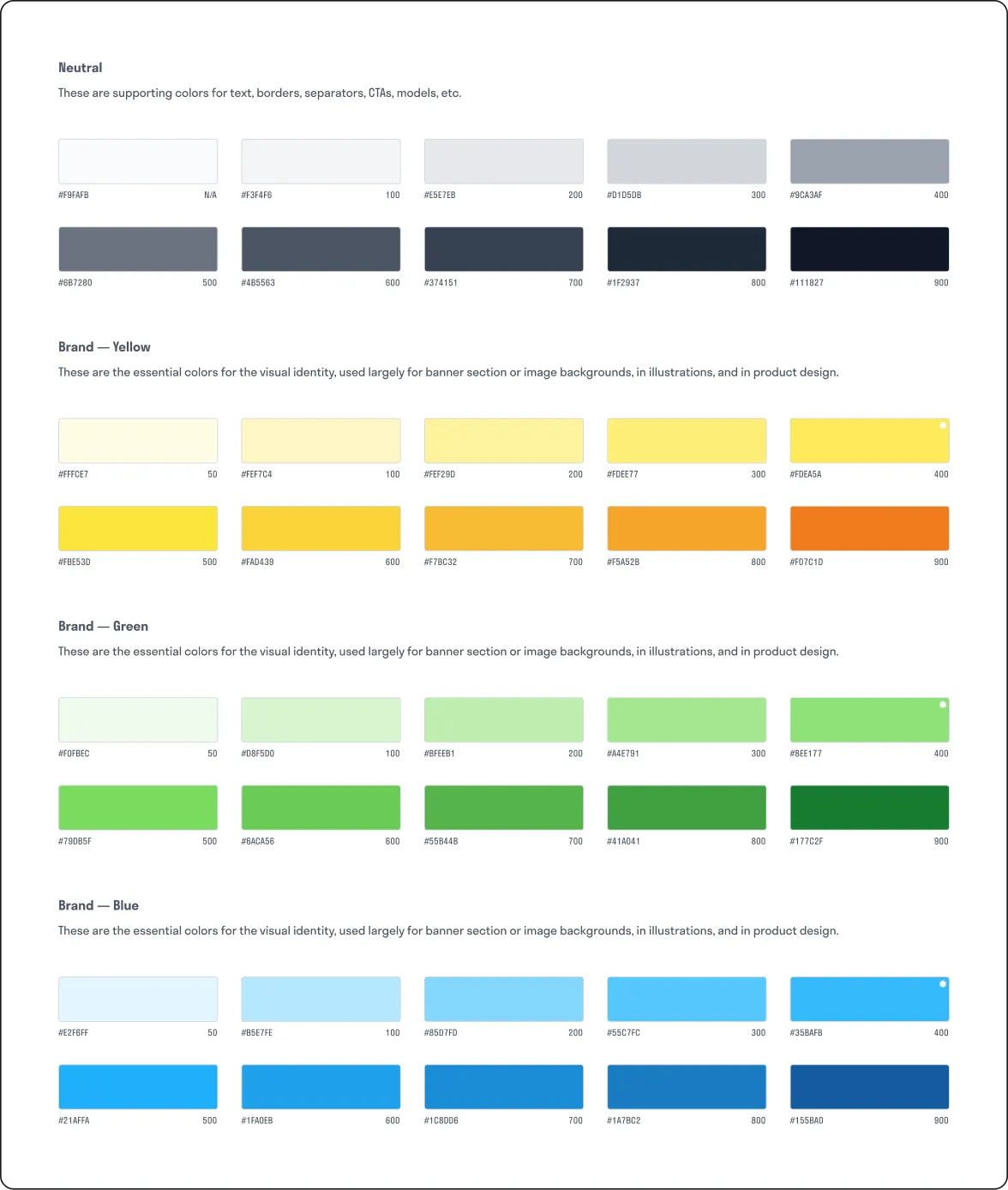 A colour palette sheet showing the Lemon & Leaf brand tints in grey, yellow, green and blue.