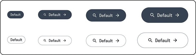 A button component set showing default buttons in several sizes and two styles.