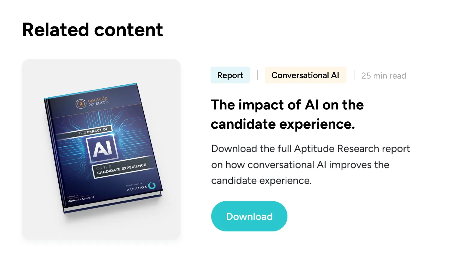 A card promoting an Aptitude Research report on the impact of AI on the candidate experience.