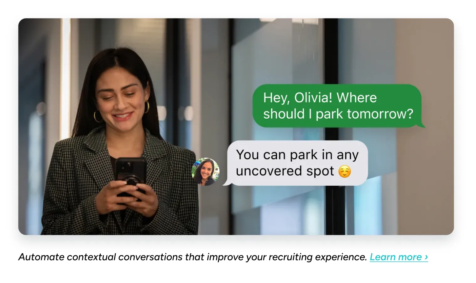 A woman smiling at her phone beside a chat bubble asking where to park tomorrow.