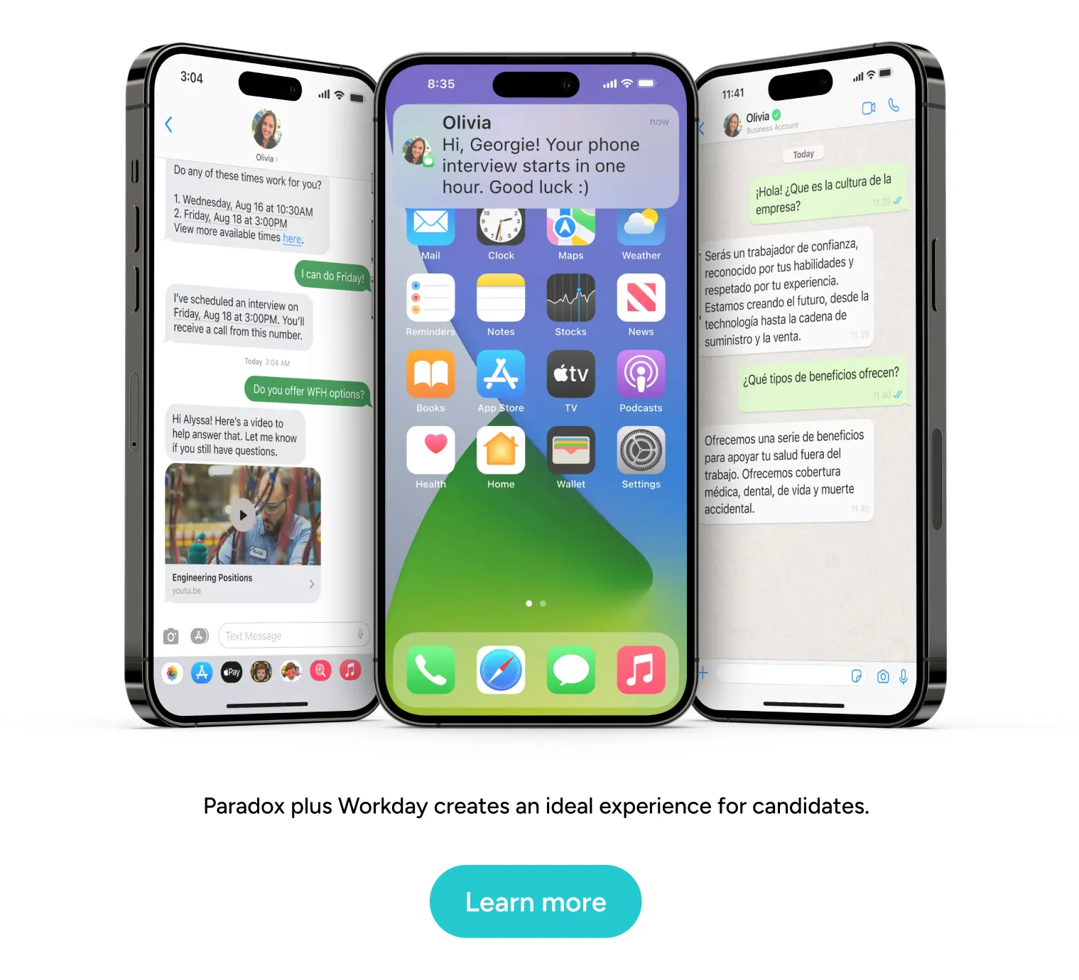 Three phones displaying Paradox Plus messaging screens for a candidate experience with Workday.