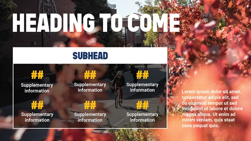 Autumn streetscape with text placeholders for heading, subhead, icons, and lorem ipsum text.