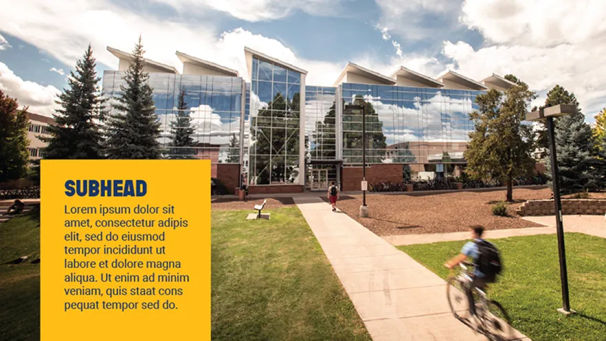 Modern glass building with pointed roof panels, trees, and people walking and biking nearby.