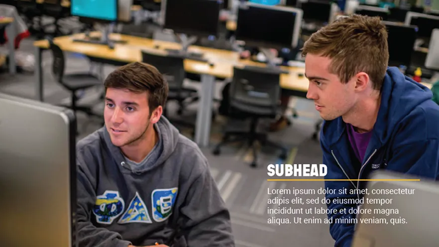 Two young men discussing while looking at a computer screen in an office setting.