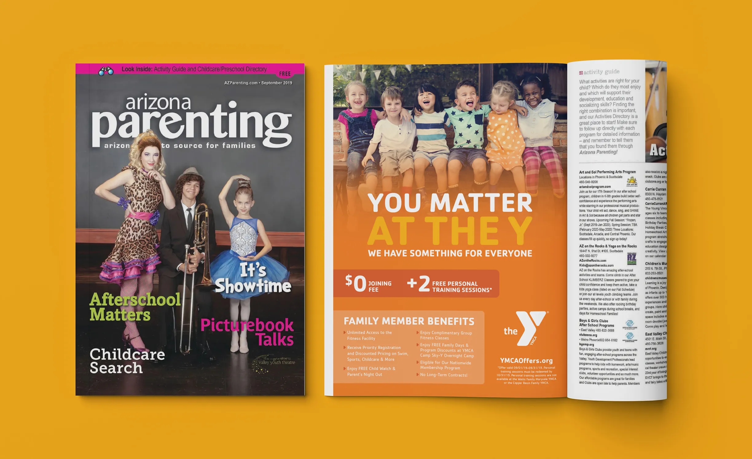 A YMCA advertisement placed in a parenting magazine spread, on a yellow background.