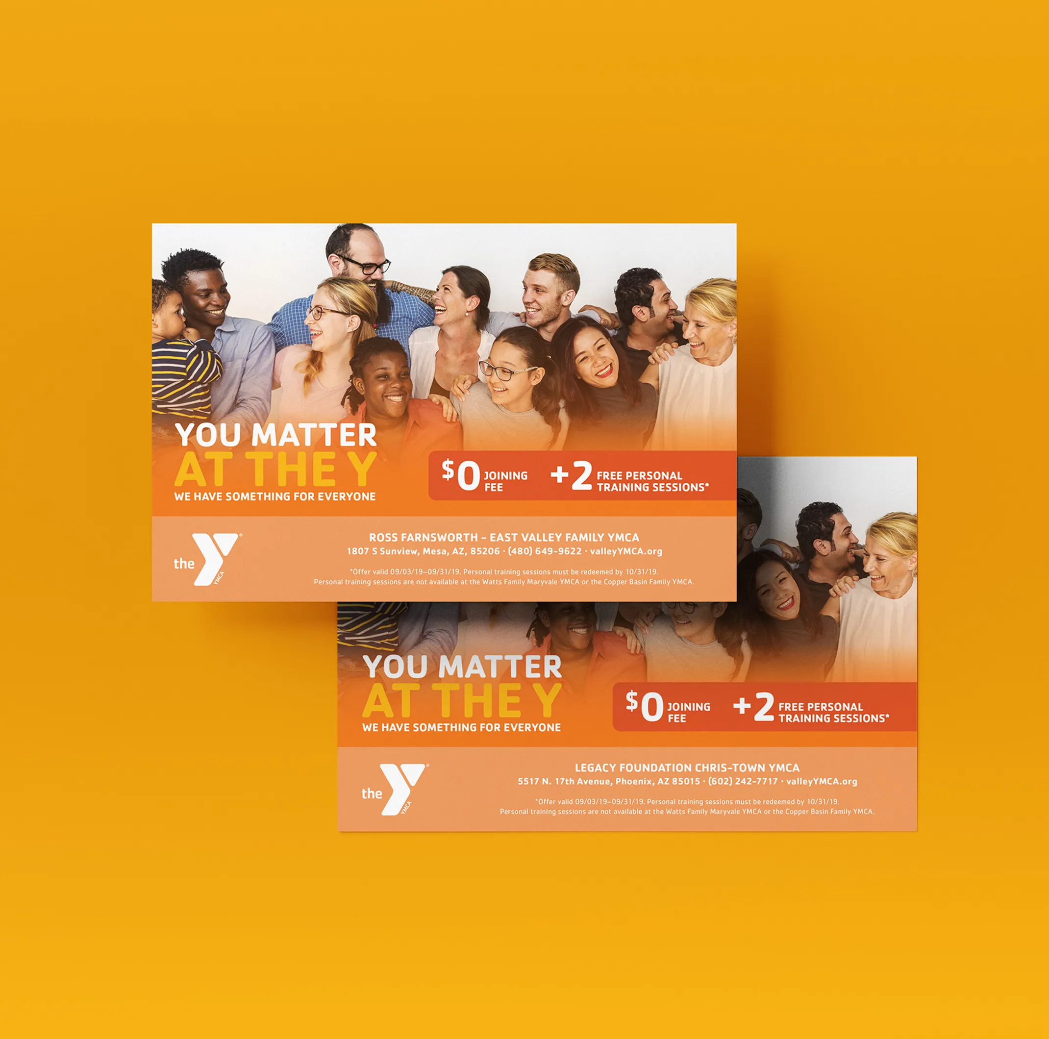 YMCA "You matter at the Y" membership flyers with a $0 joining fee offer, on yellow.
