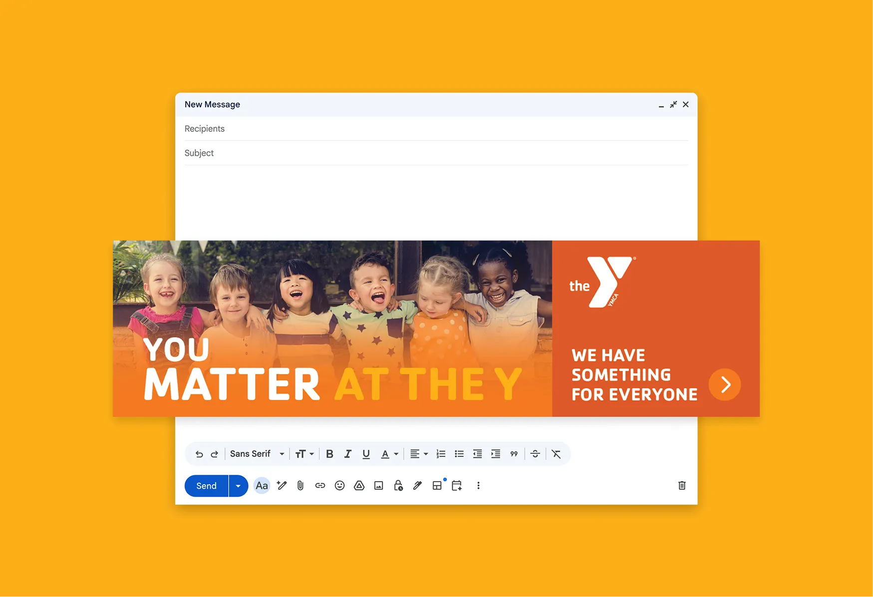 A YMCA "You matter at the Y" email graphic shown in a compose window.