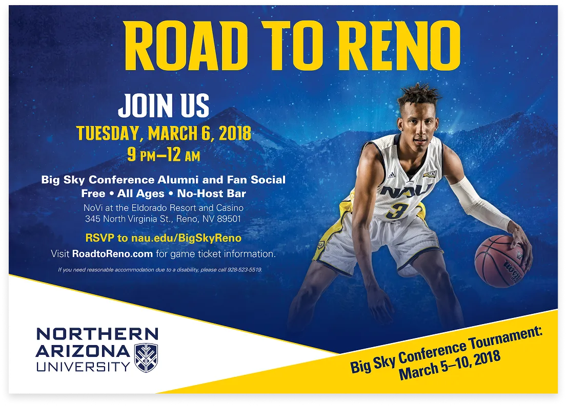 An NAU basketball graphic promoting a Big Sky Conference social in Reno.