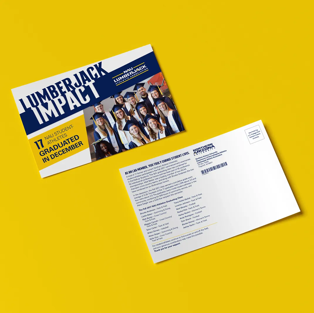 NAU Music School postcards featuring a smiling student with an instrument.