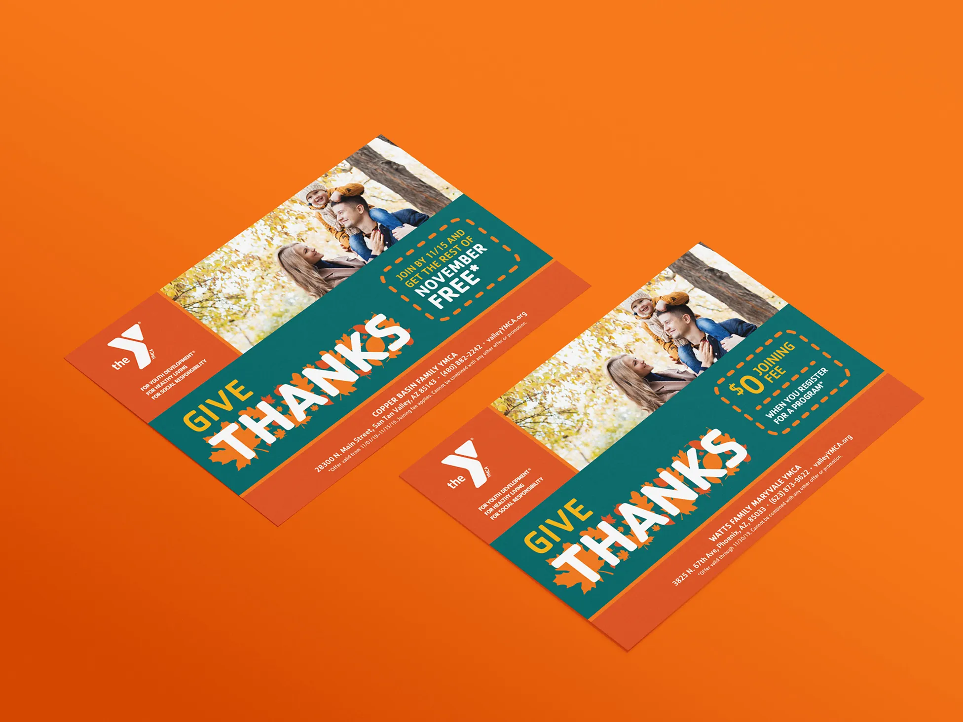 YMCA "Give Thanks" flyers arranged on an orange background.