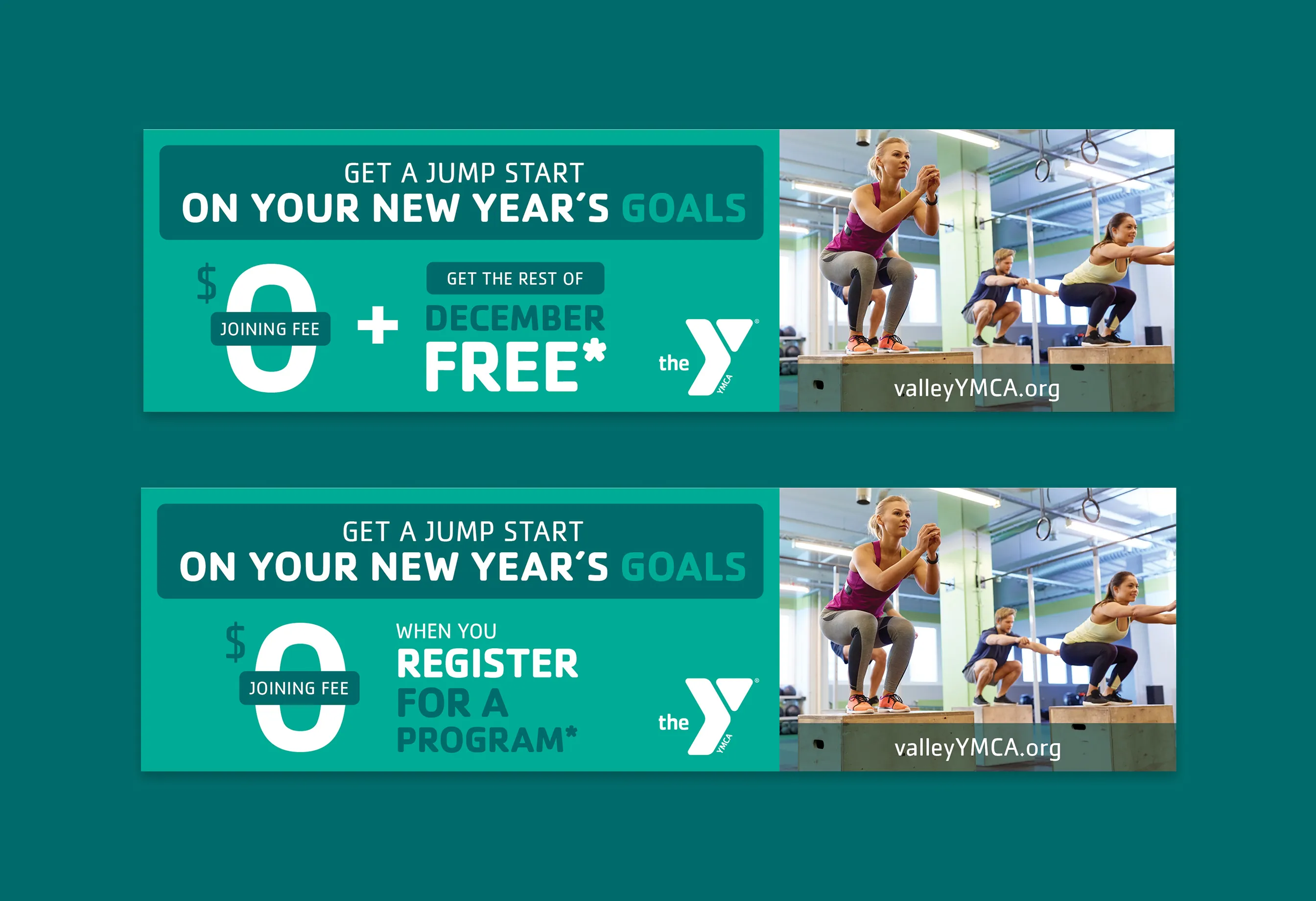 Two YMCA "Get a jump start on your New Year's goals" web banners with December free offers.