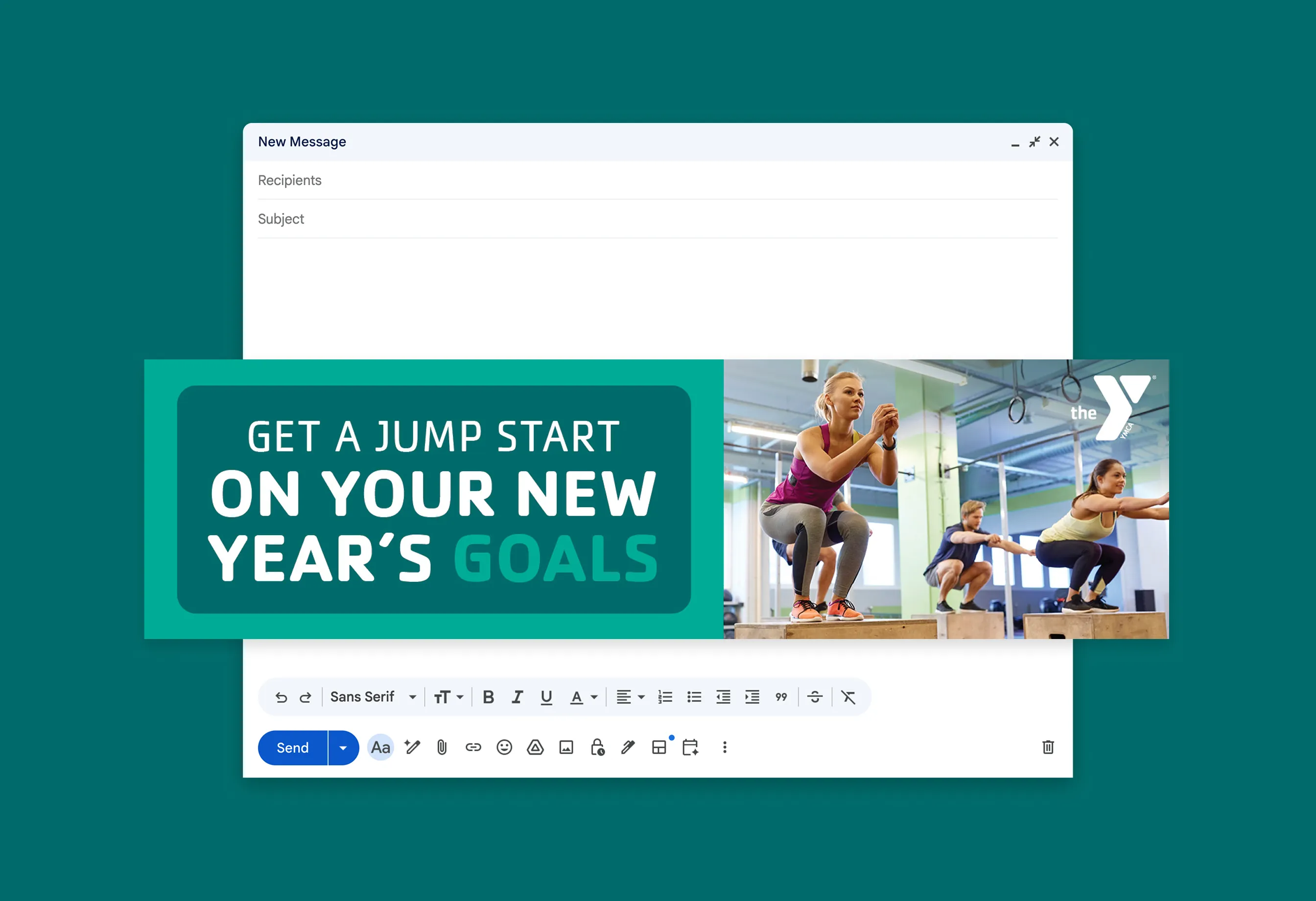 A YMCA "Get a jump start on your New Year's goals" email graphic in a compose window.