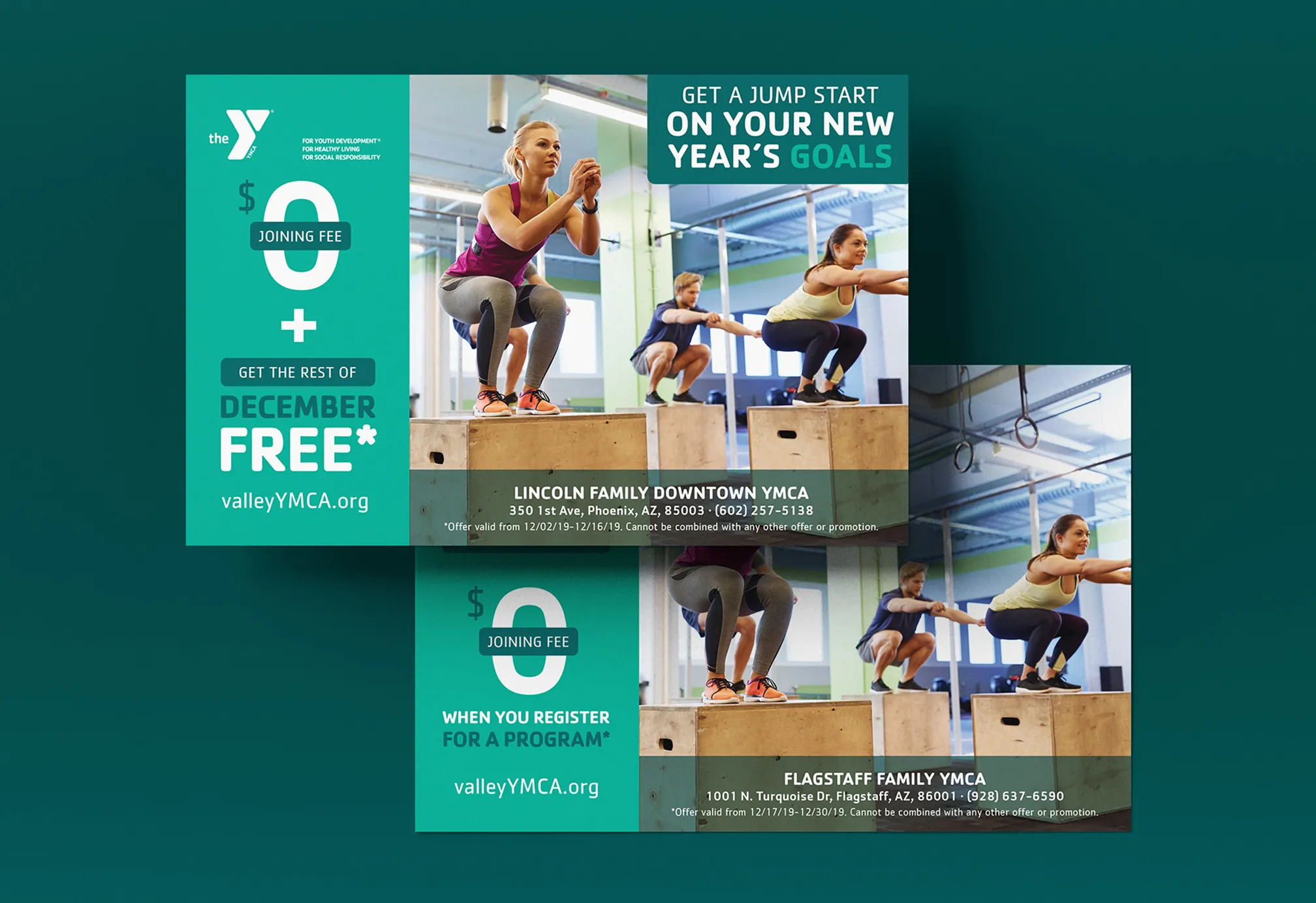 YMCA "Jump start" campaign flyers for the Lincoln Family Downtown and Flagstaff Family branches.