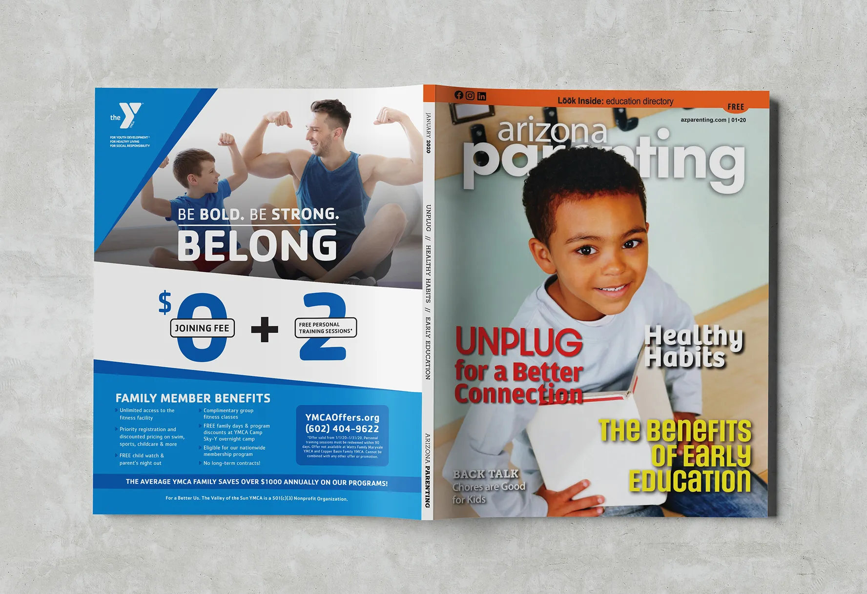 A YMCA "Belong" advertisement placed opposite an editorial page in a magazine.