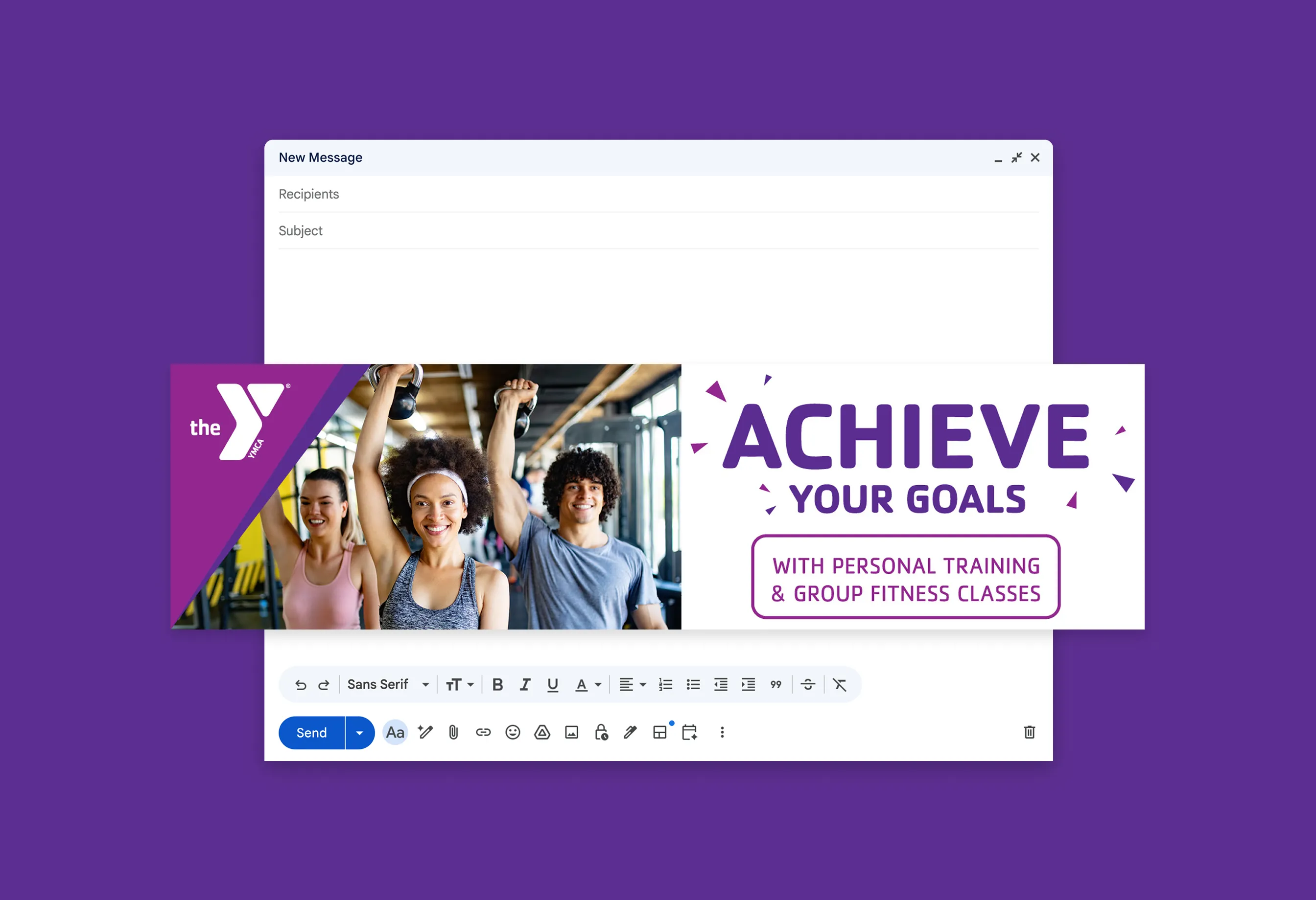 A YMCA "Achieve your goals" email graphic on a purple background.