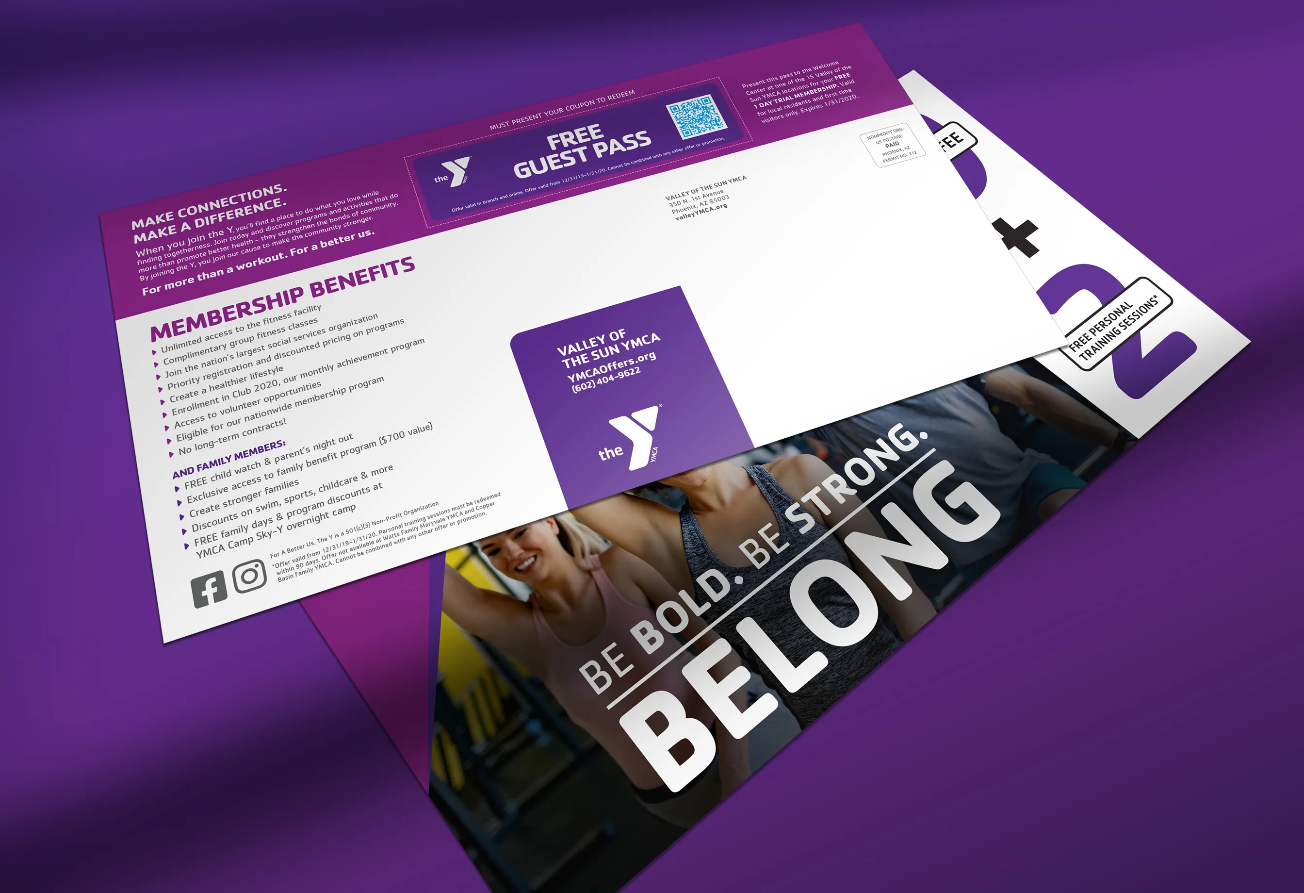 YMCA membership benefit cards and a guest pass arranged on purple.