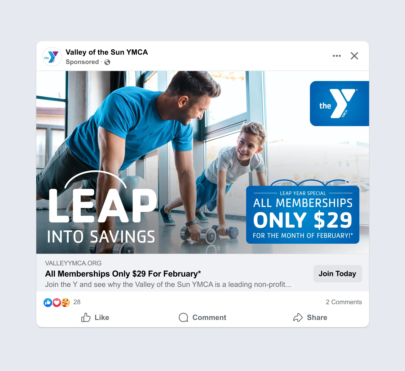 A sponsored YMCA social post promoting all memberships at $29 for February.