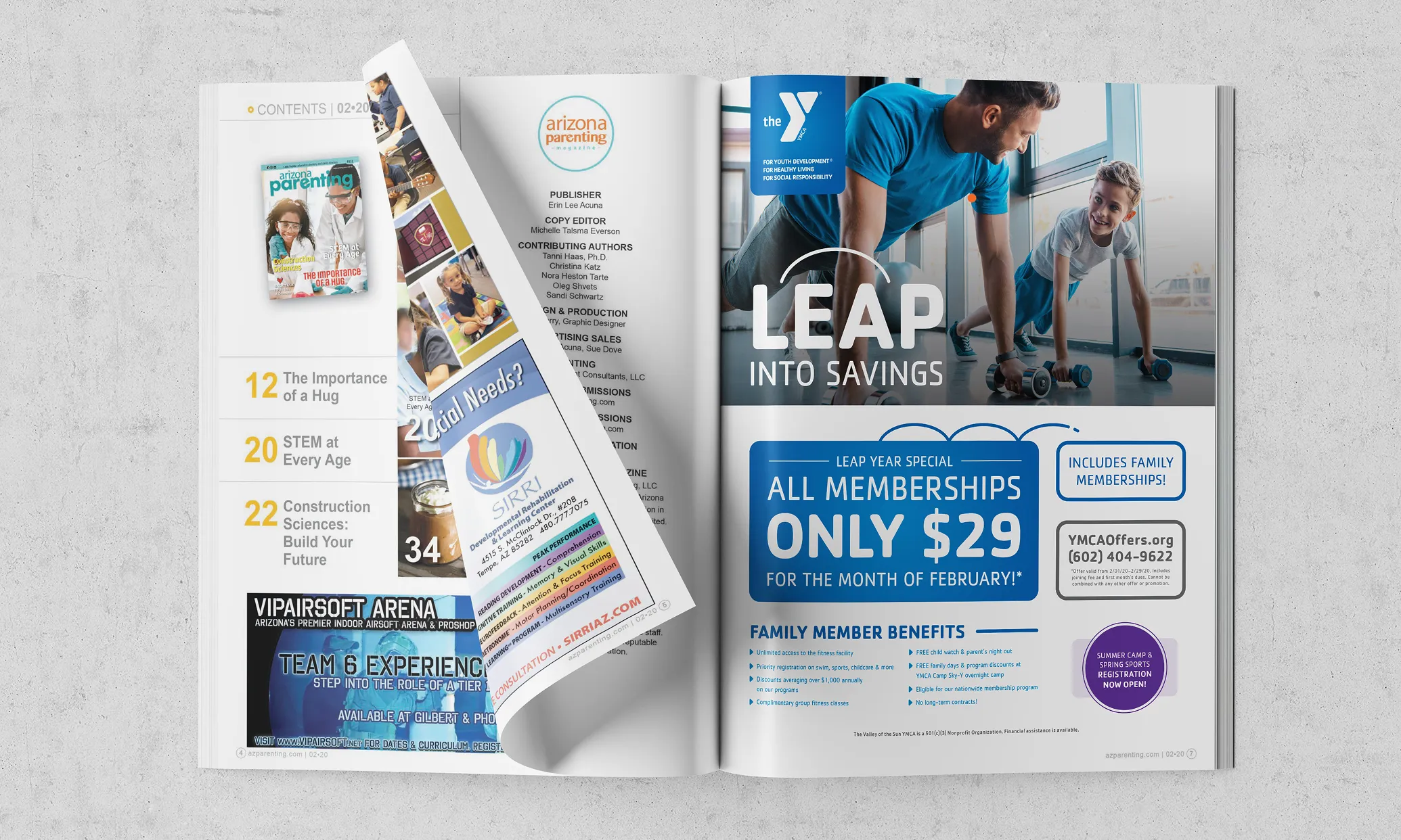 A YMCA "Leap into savings" advertisement shown in an open magazine spread.