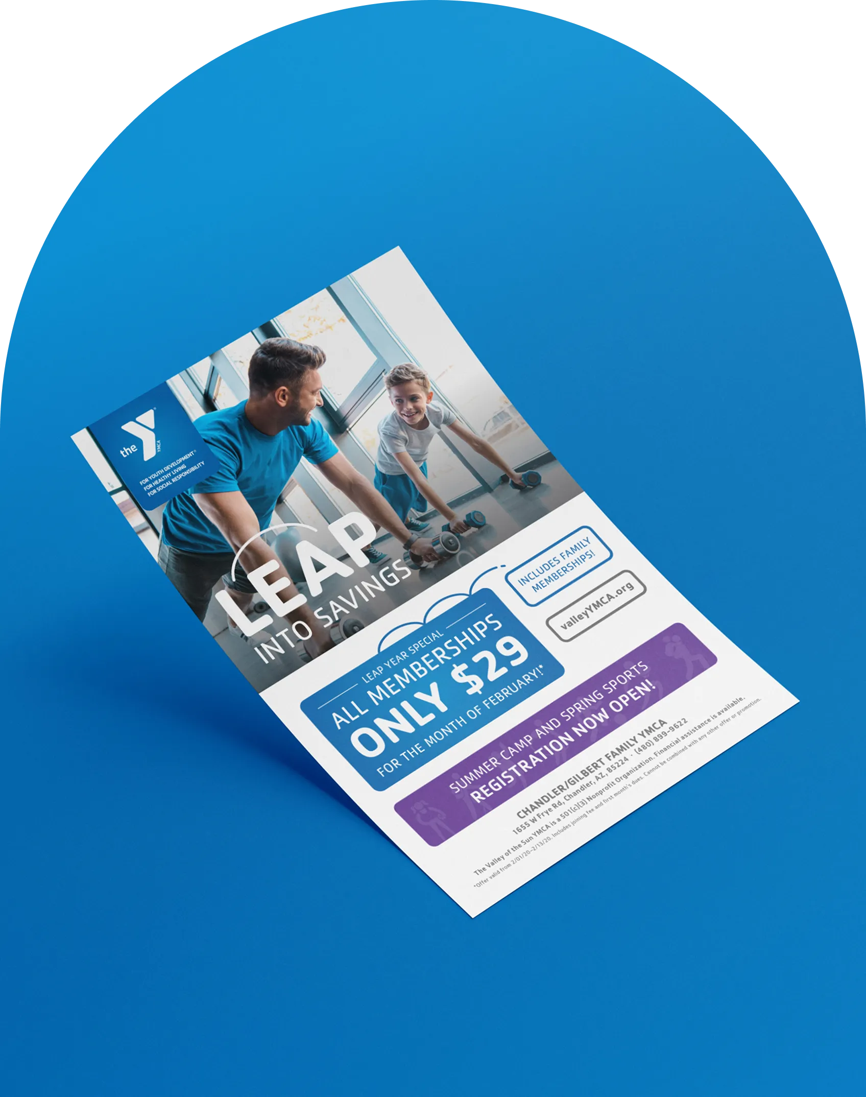 A YMCA "Leap into savings" flyer shown against a blue arched background.