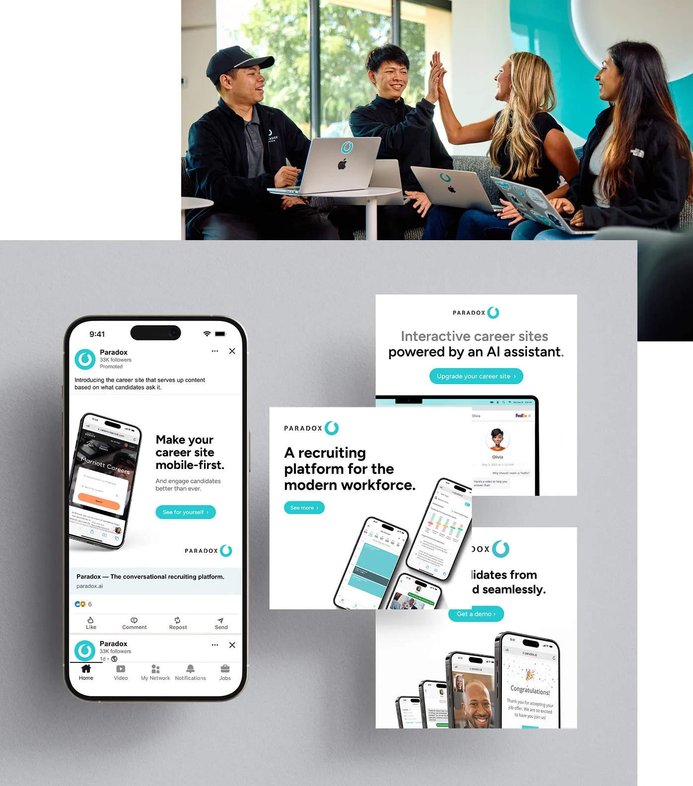 A set of Paradox social and mobile screens combining team photography with app mockups.
