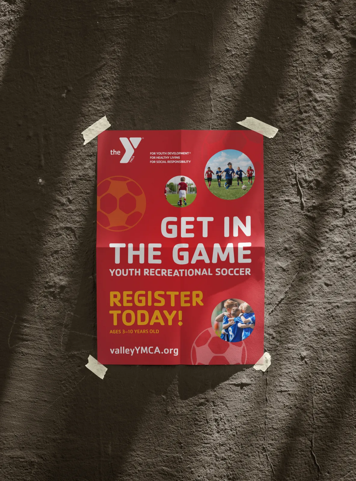 A YMCA youth recreational soccer poster reading "Get in the game".
