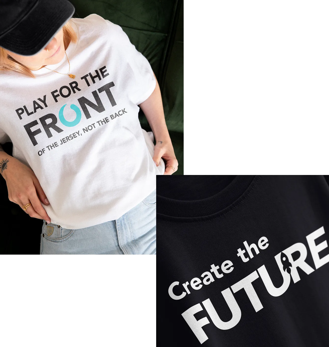 Paradox apparel: a white "Play for the front of the jersey" t-shirt and a black Create the Future tee.