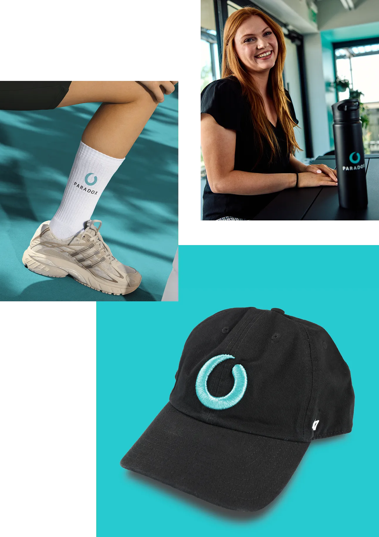 A set of Paradox merchandise photographs including socks, a cap and branded apparel.