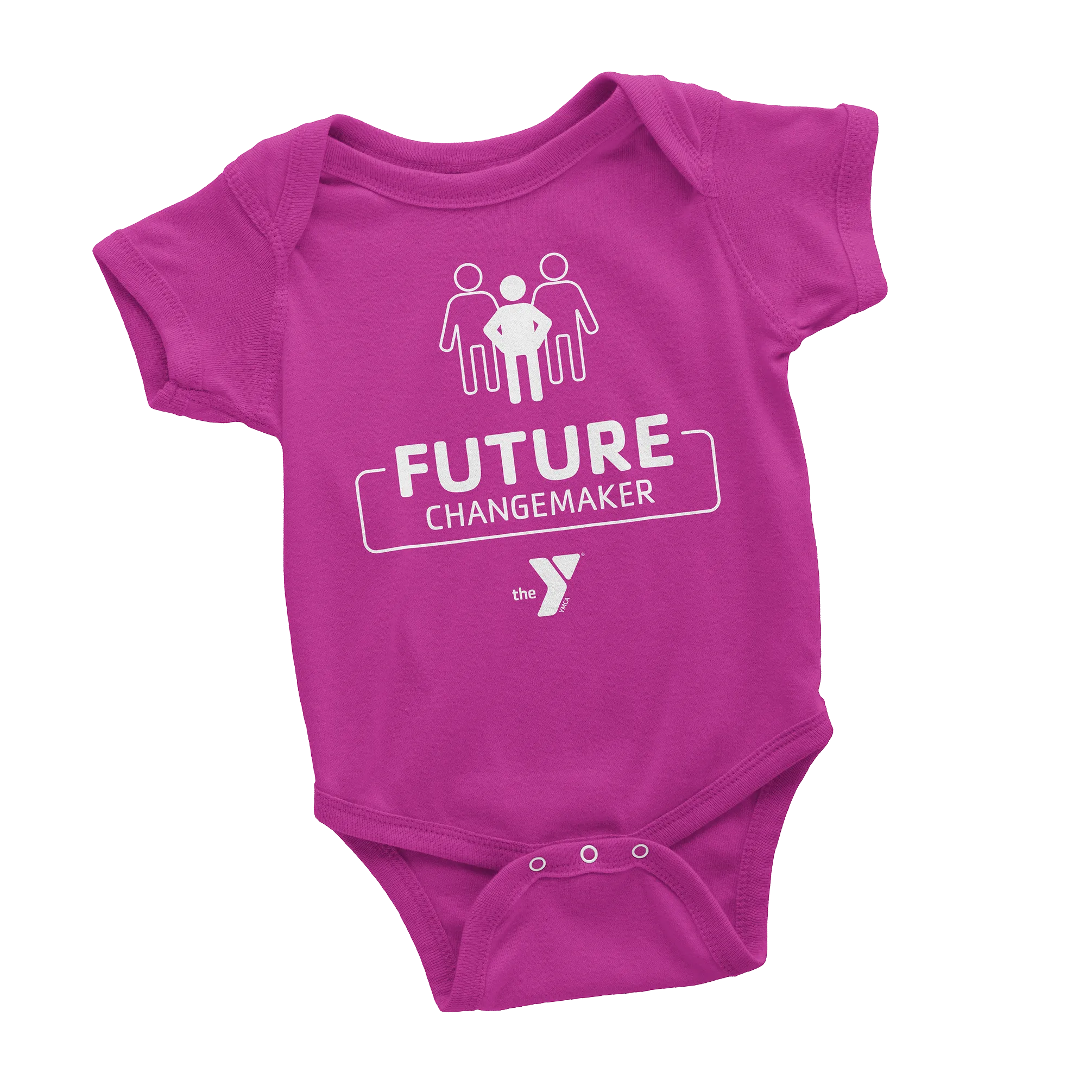 A pink baby bodysuit printed with "Future Changemaker" and the YMCA logo.
