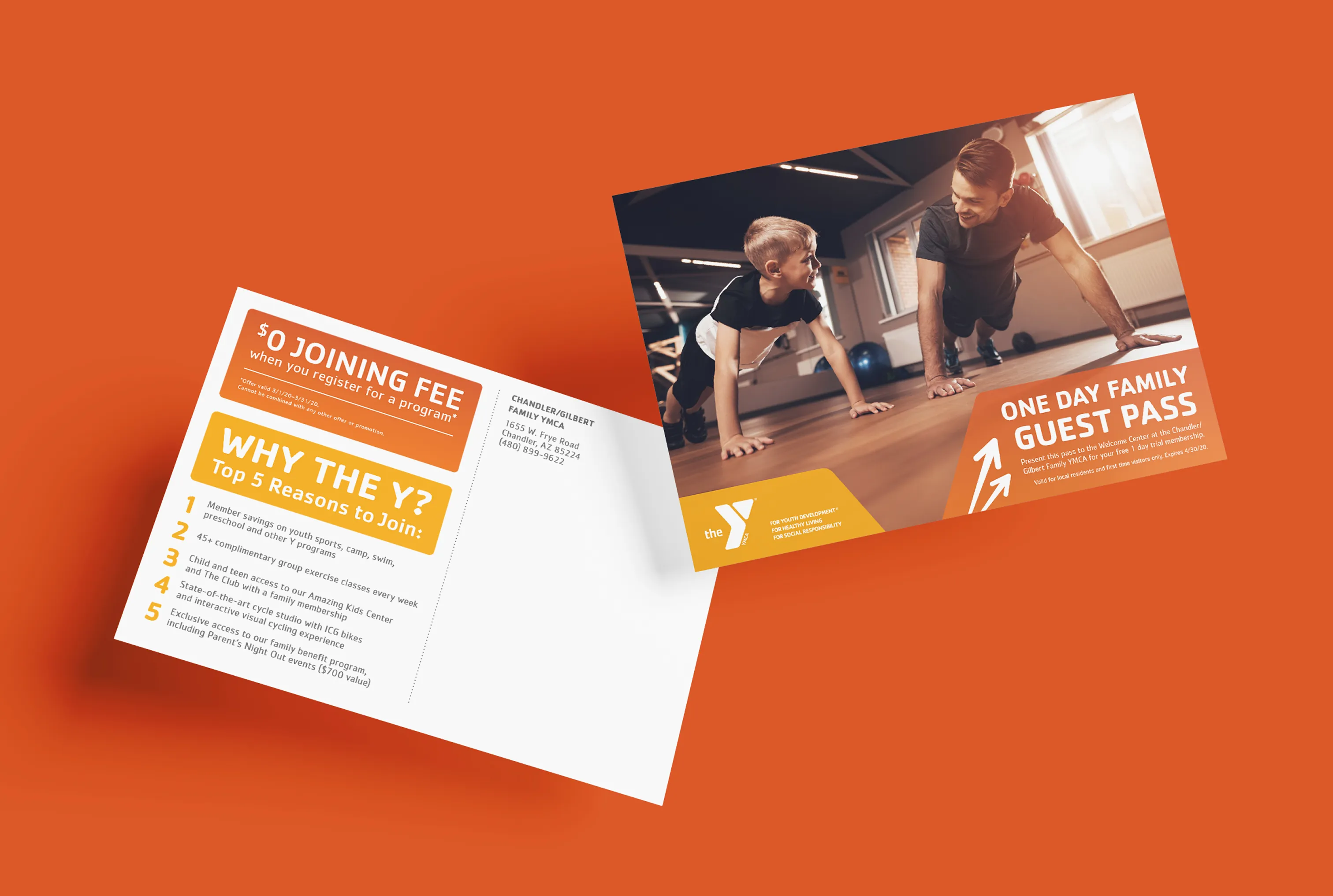 A YMCA guest pass card shown against an orange background.