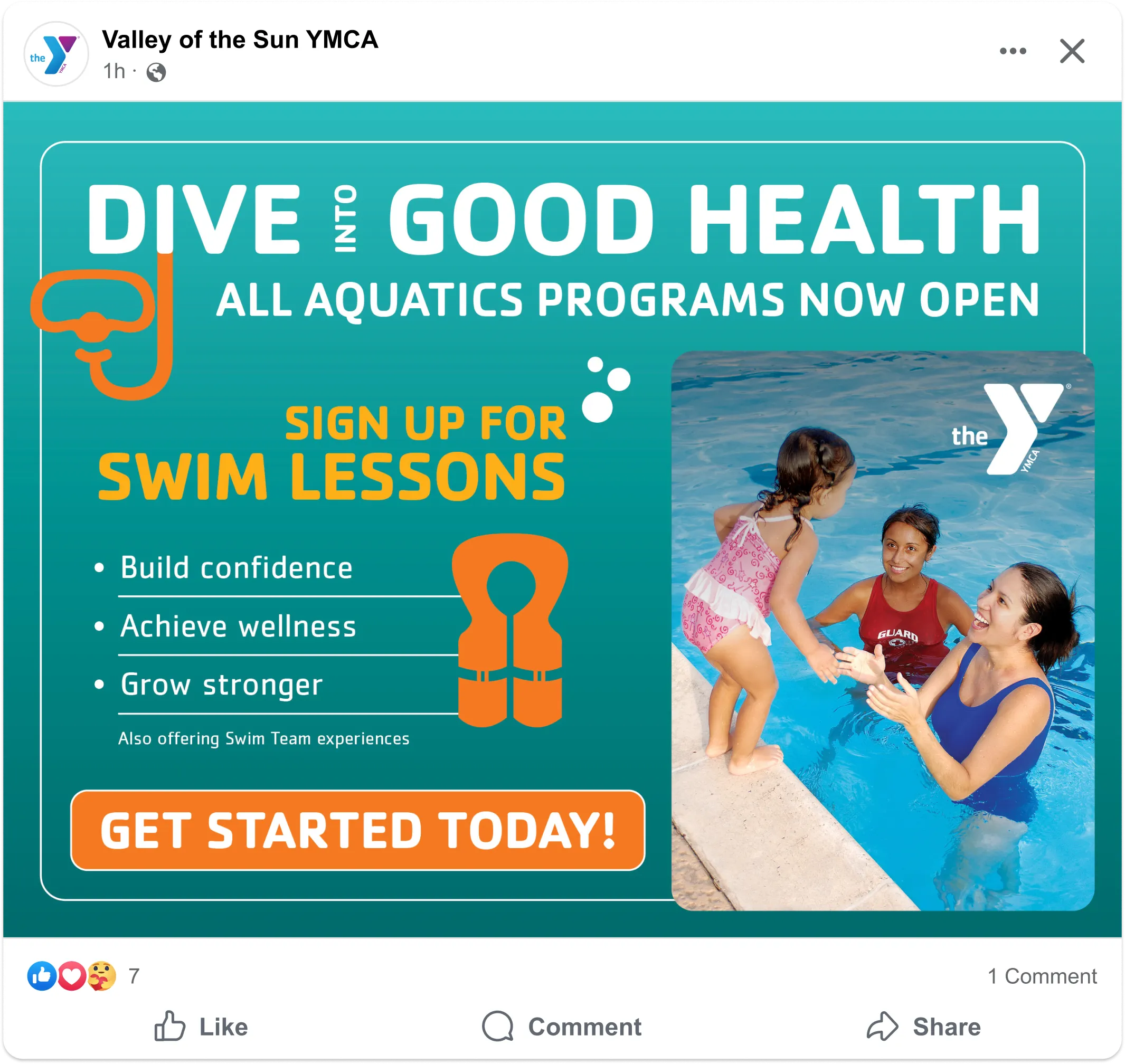 A YMCA social post reading "Dive into good health", promoting swim lessons.