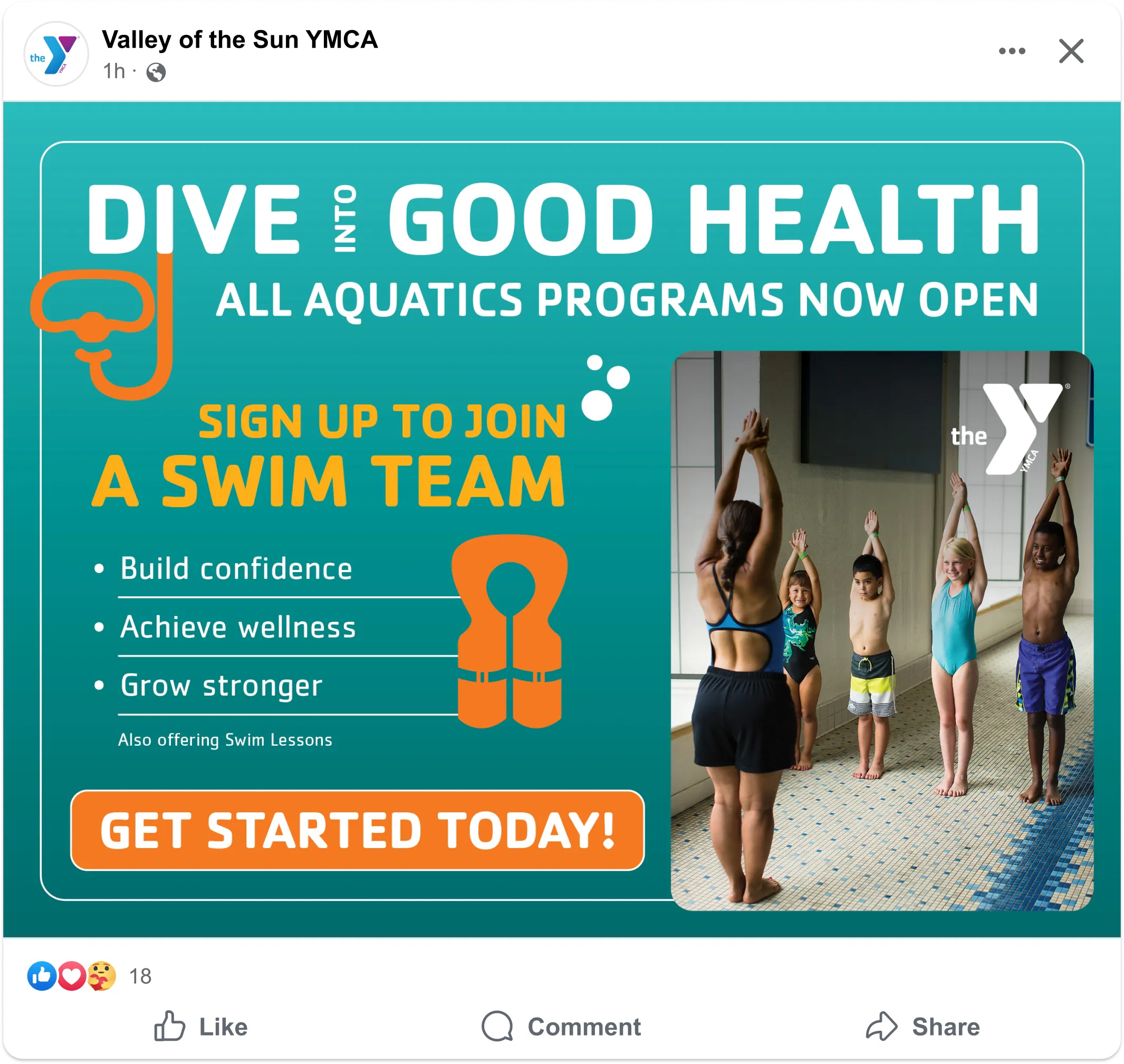 A YMCA social post reading "Dive into good health", promoting swim team sign-ups.