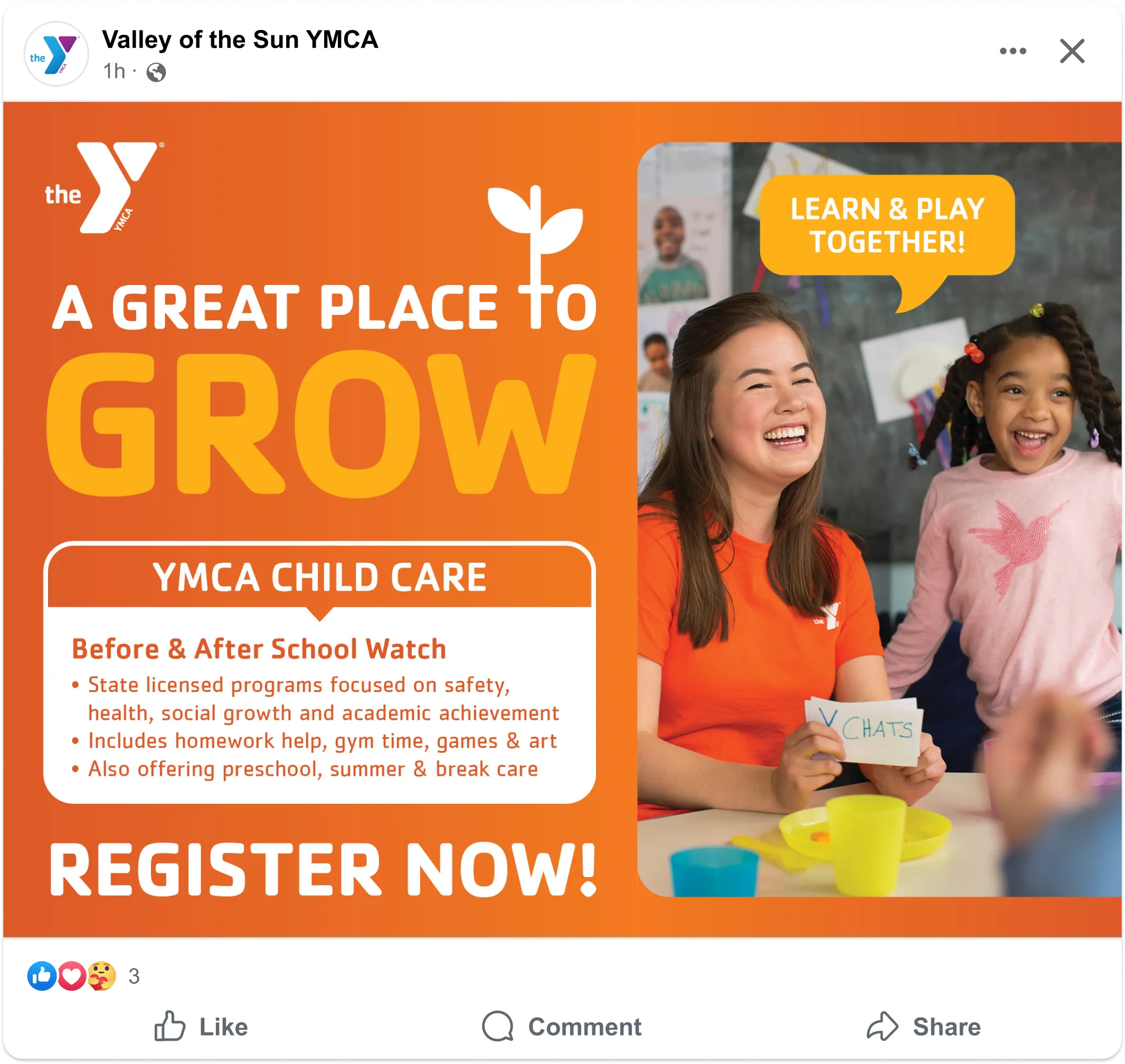 A YMCA child care social post headed "A great place to grow", inviting registrations.