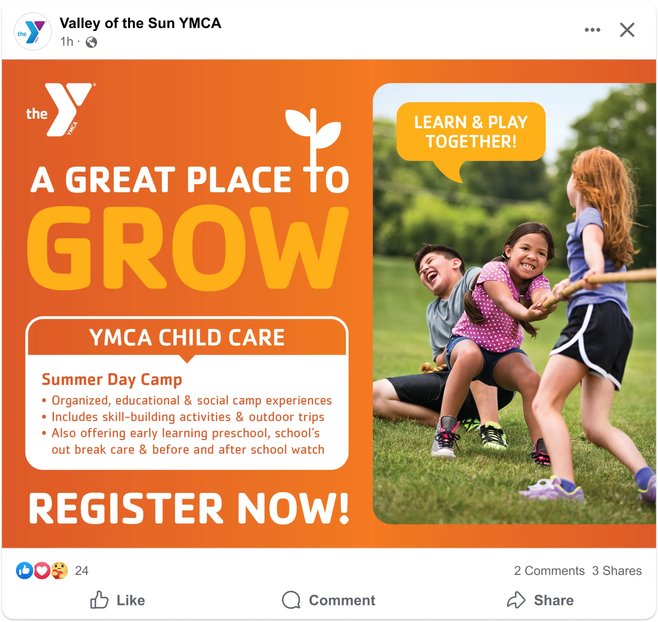 A YMCA summer day camp social post headed "A great place to grow", inviting registrations.