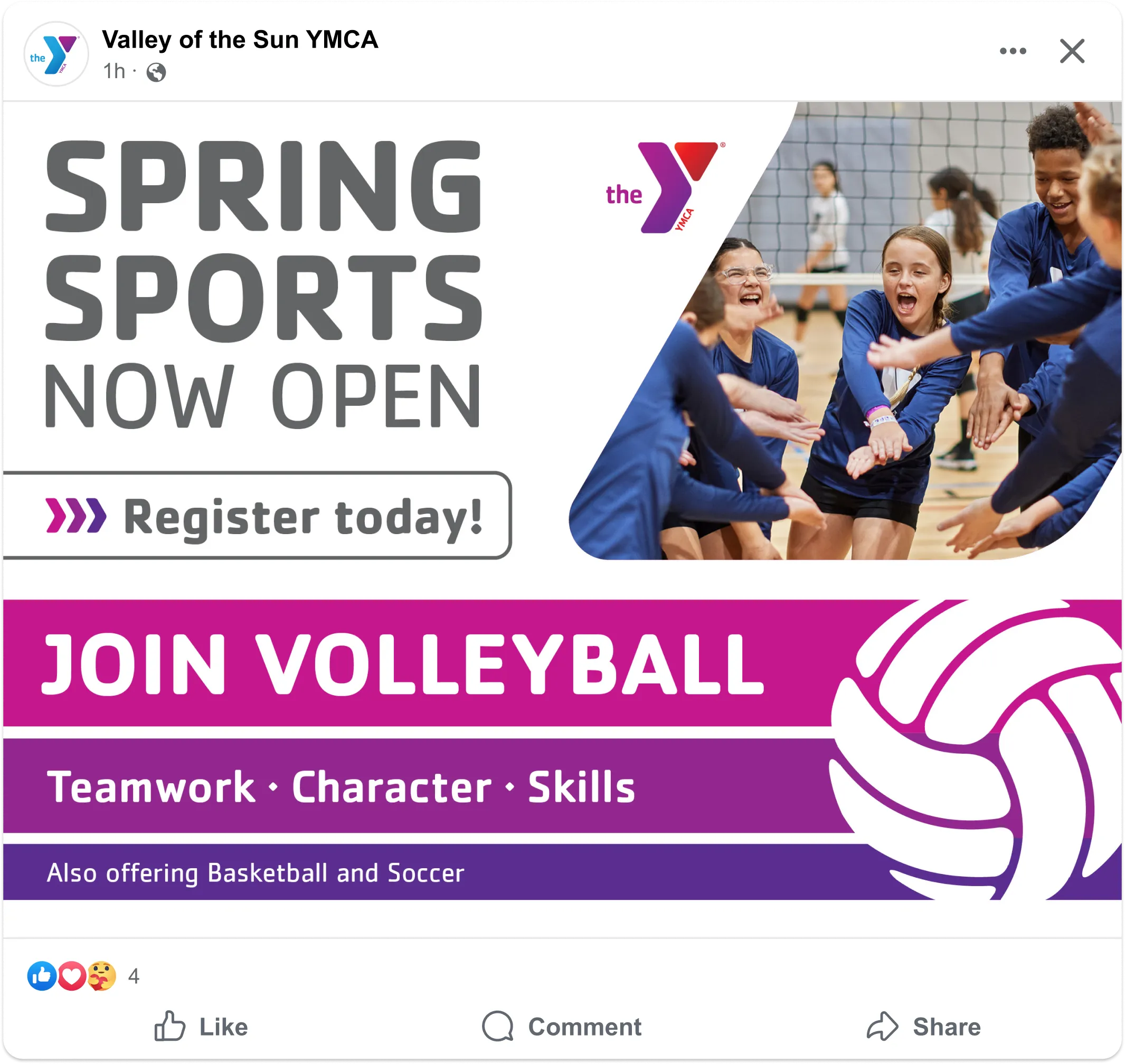A YMCA spring sports social post promoting volleyball registration.