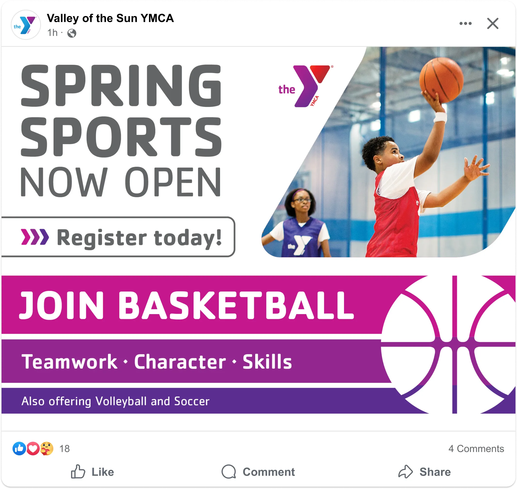 A YMCA spring sports social post promoting basketball registration.