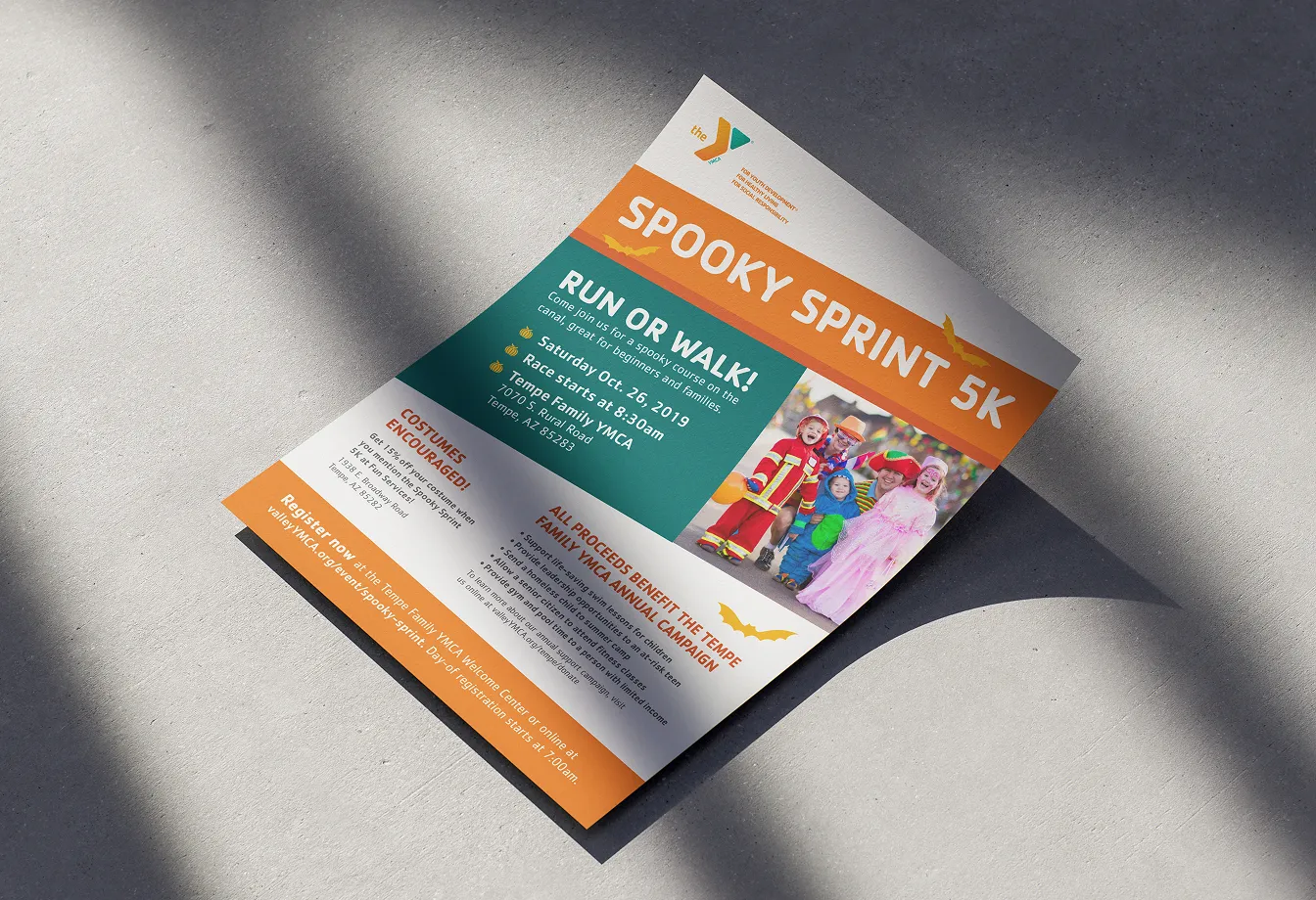 A YMCA Spooky Sprint 5K flyer advertising a run or walk with event details.
