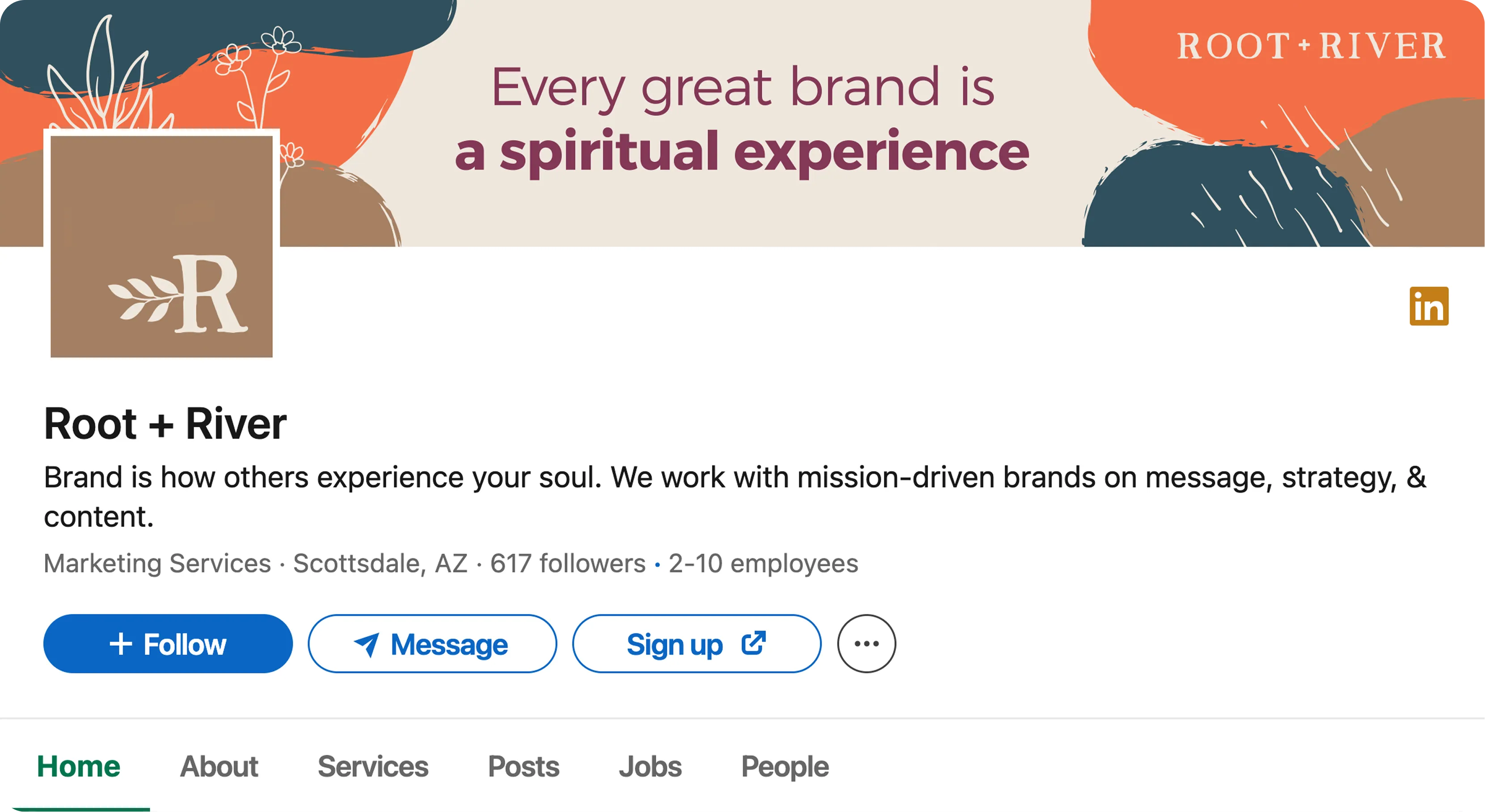 The Root + River LinkedIn page, its banner reading "Every great brand is a spiritual experience."