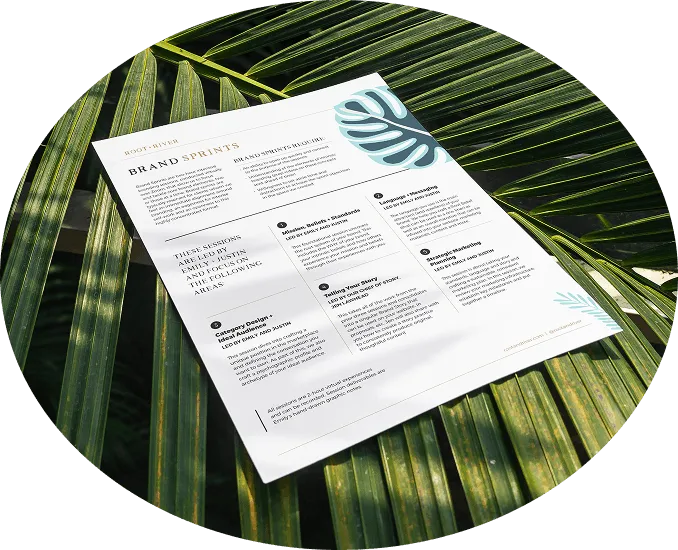 A printed Root + River brand sprints document resting on palm fronds.