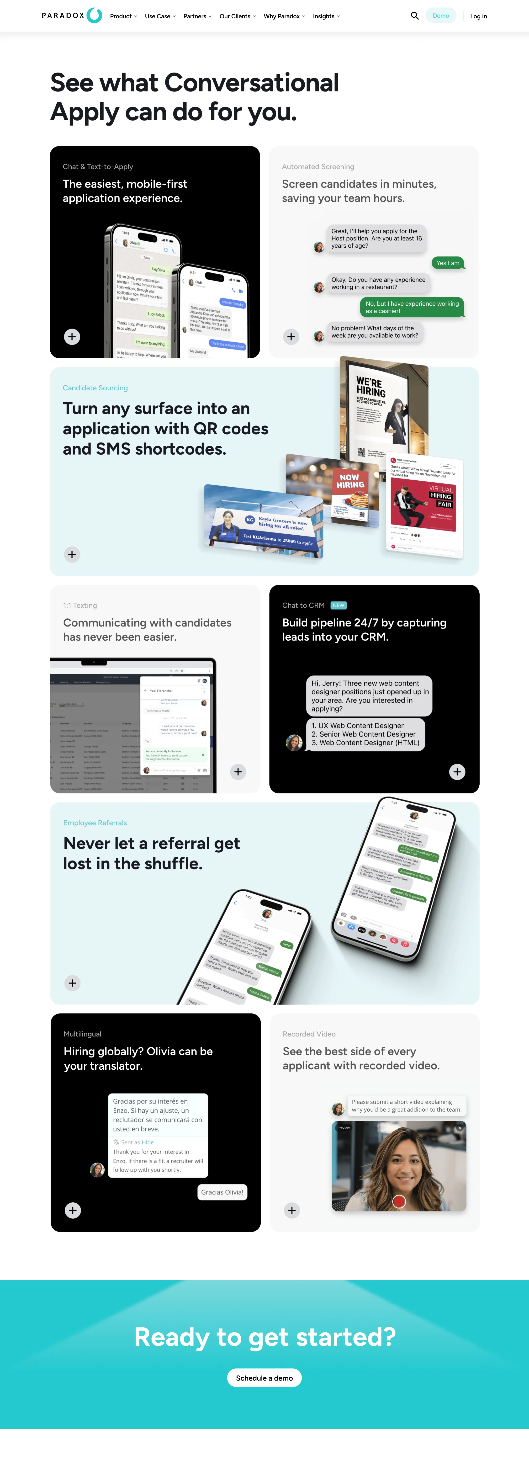A full-length screenshot of a Paradox conversational career site, ending with a get started button.