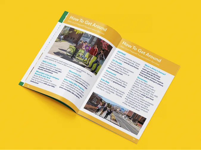 Open booklet on yellow surface titled How To Get Around with transportation info and campus photos.