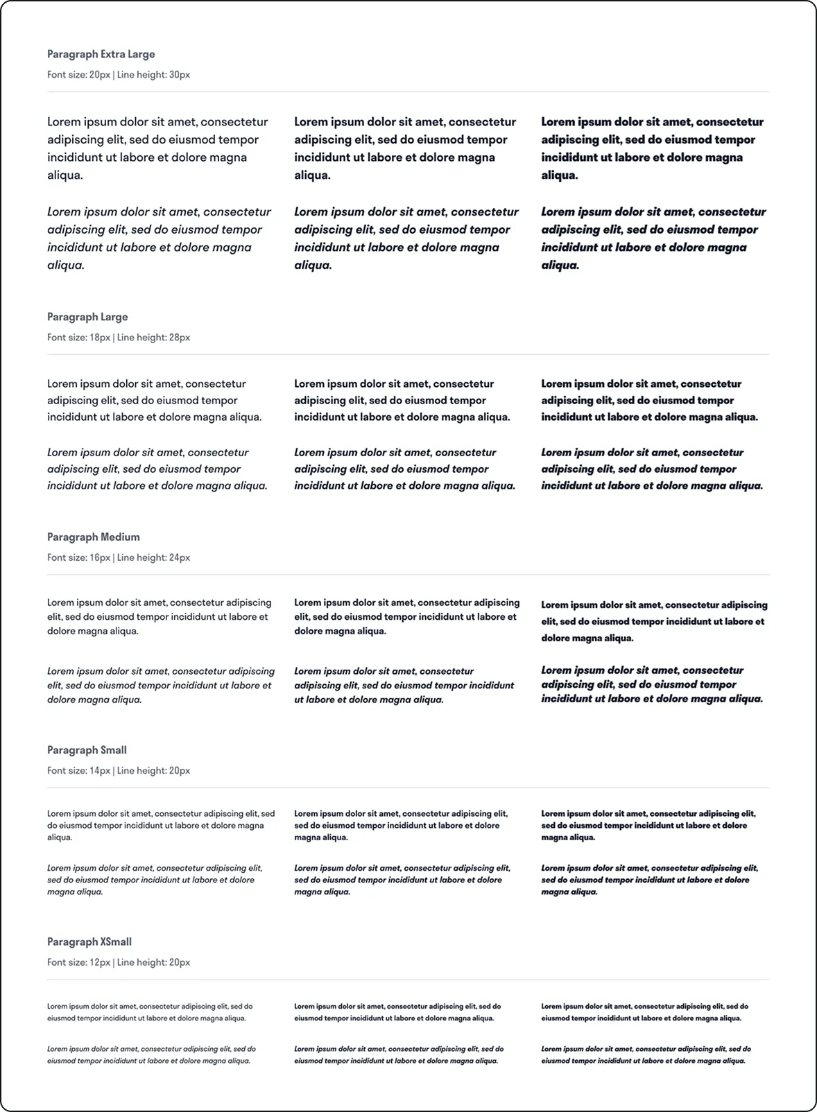 A paragraph style sheet showing body text sizes from extra large to small with specifications.