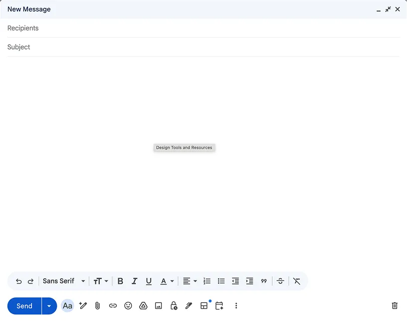 Blank email composition window with fields for recipients, subject, and a text formatting toolbar.