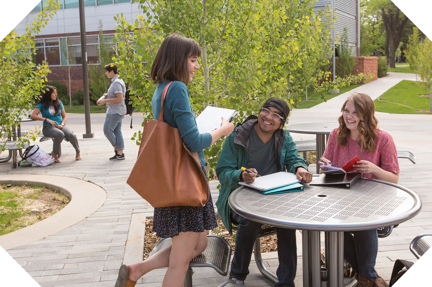 Three students study and talk at an outdoor table on a sunny college campus with trees nearby.