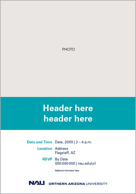 An NAU event invitation template with photo, date, location and RSVP placeholders.