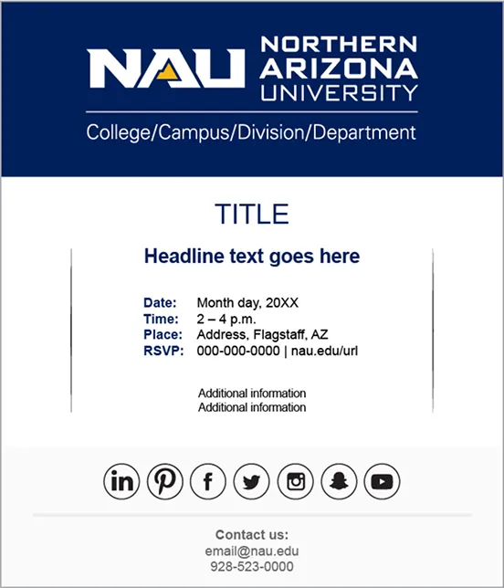 An NAU event flyer template with headline, date, time, RSVP and contact fields.