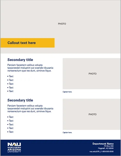 An NAU flyer template with photo, title, text and contact placeholders.