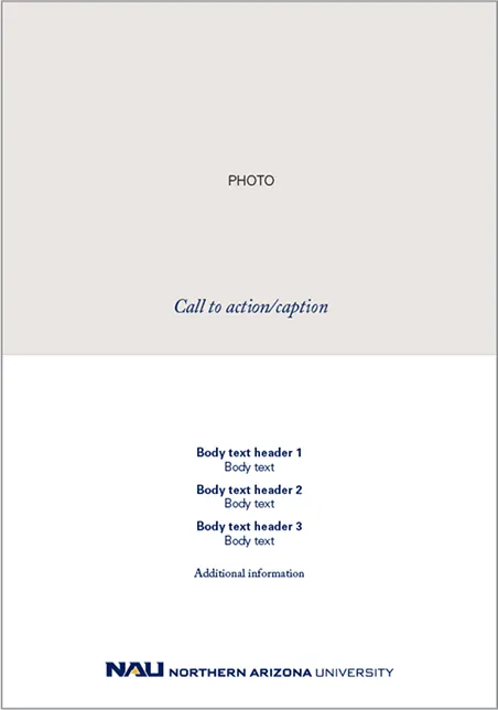 An NAU template with a photo placeholder, headers, call to action and logo.
