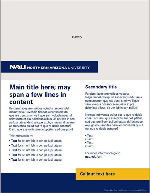 An NAU template with main and secondary titles, bullet points and a callout area.