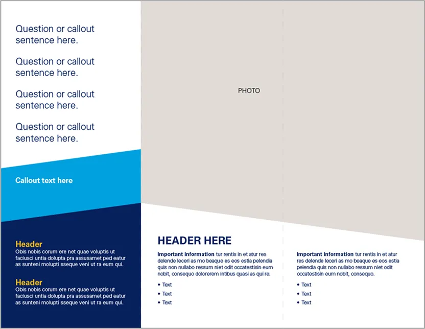 Page layout with questions on left, blue callout, headers, and placeholder for photo on right side.